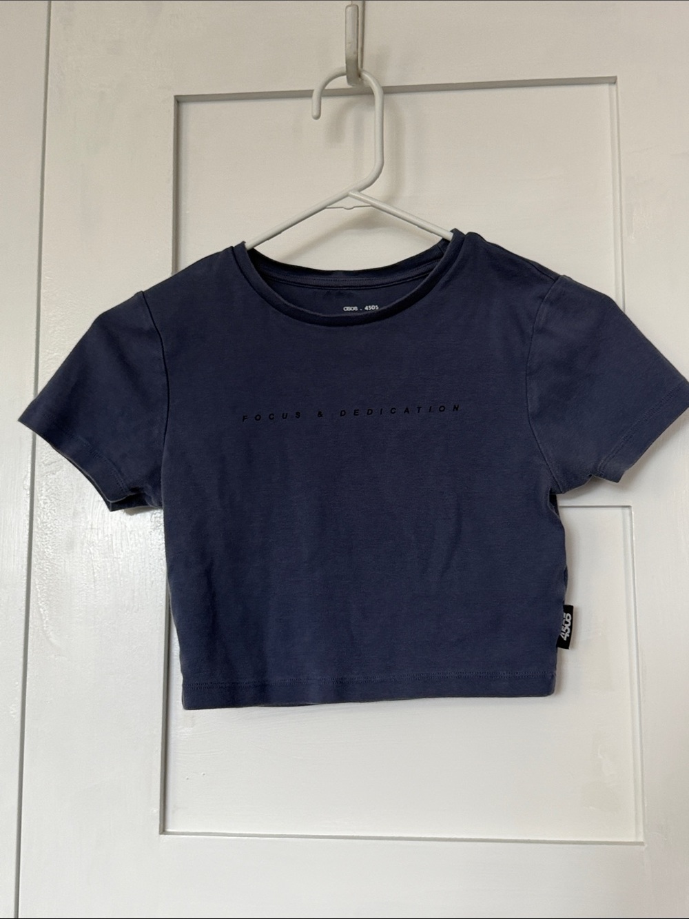 ASOS Navy Cropped Tee with 'FOCUS & DEDICATION' Chest Text